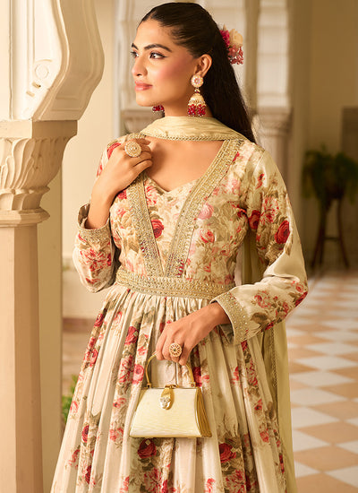 Cream Embroidered Floral Anarkali Dress