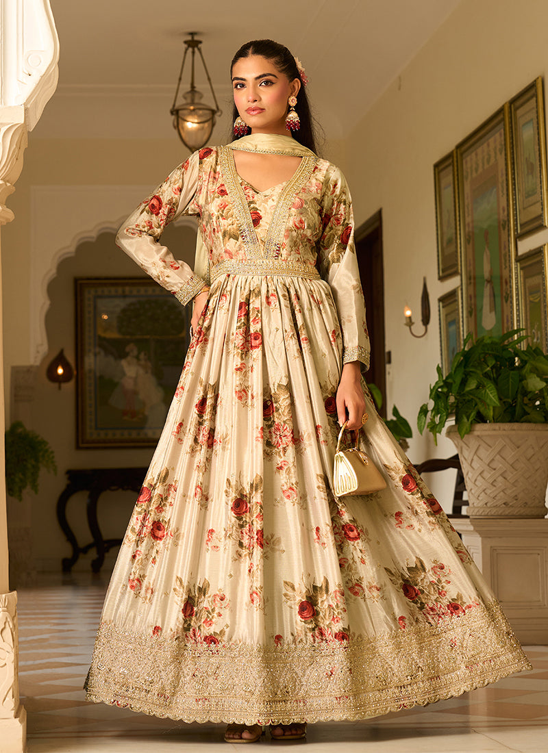 Buy Cream Embroidered Floral Anarkali Dress Online in USA
