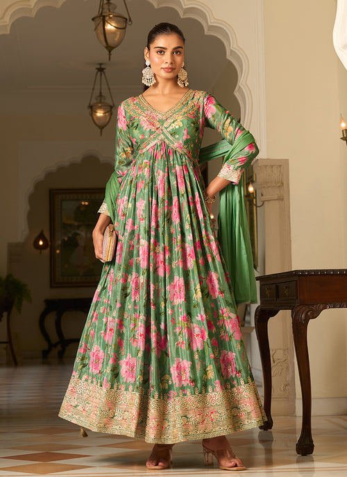 Green Embroidered Floral Anarkali Dress