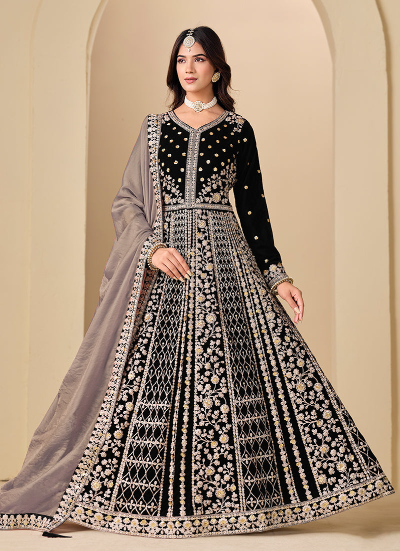 Black Embroidered Velvet Anarkali Suit