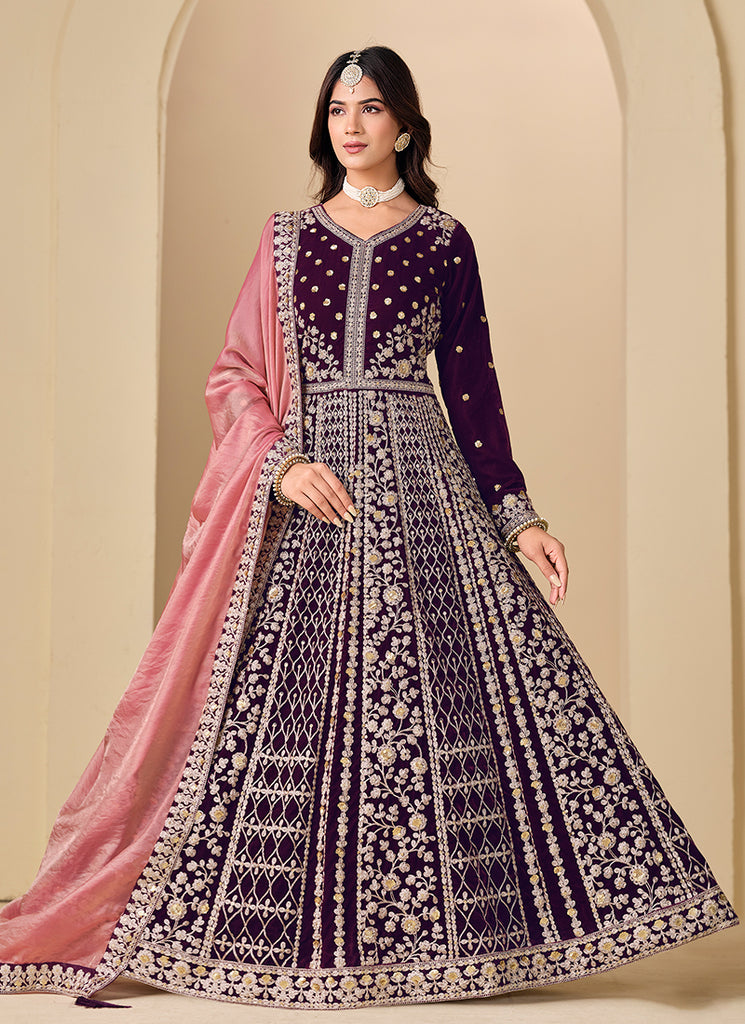 Wine Embroidered Velvet Anarkali Suit