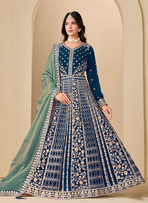 Teal Blue Embroidered Velvet Anarkali Suit