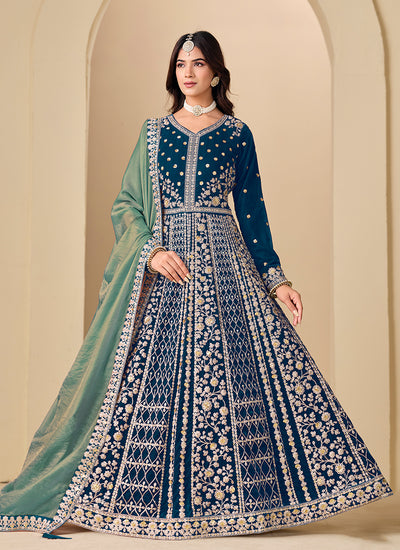 Teal Blue Embroidered Velvet Anarkali Suit