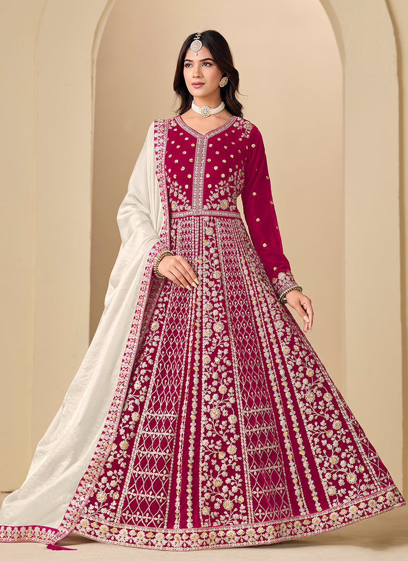 Rani Pink Embroidered Velvet Anarkali Suit