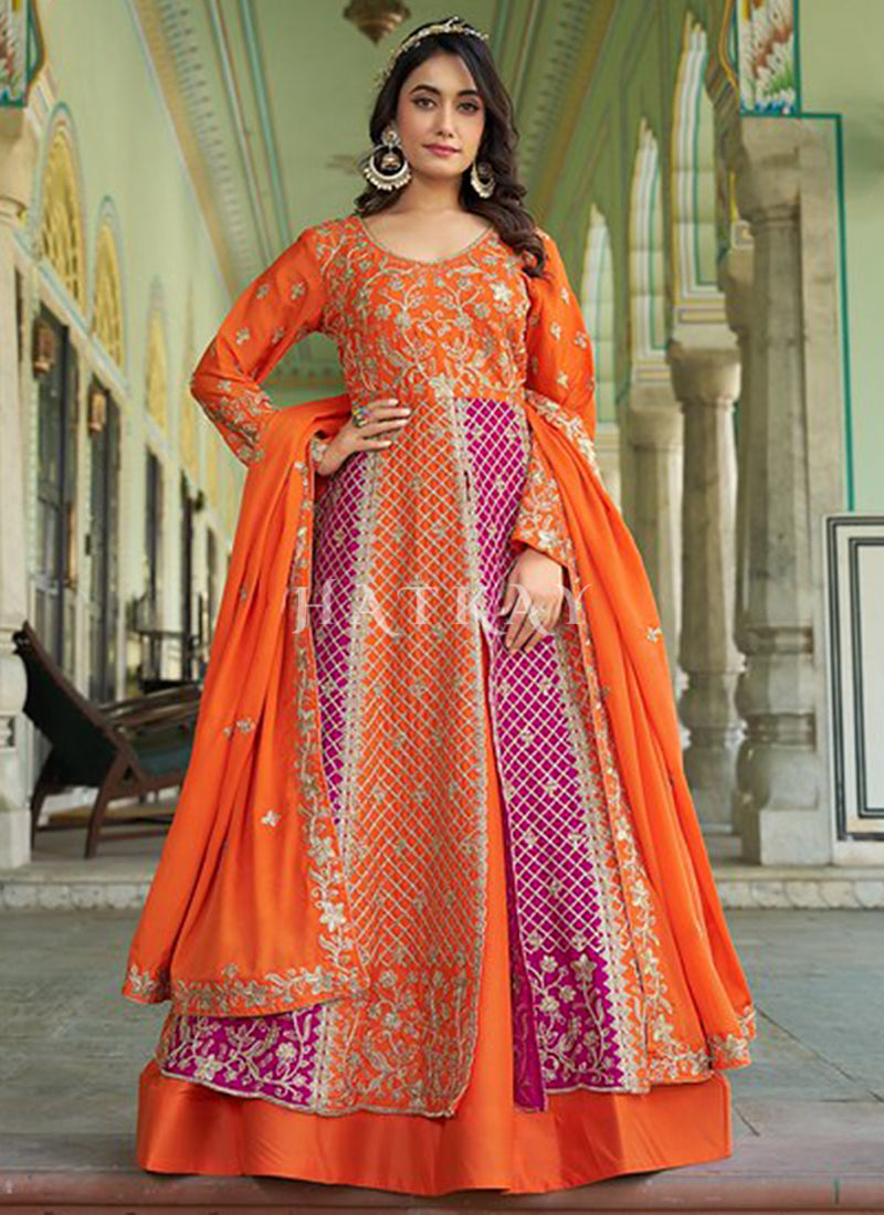 Orange And Pink Embroidery Anarkali Gown