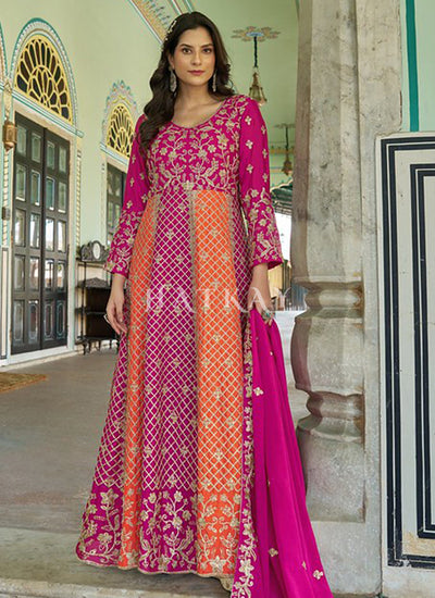 Pink And Orange Embroidery Anarkali Gown