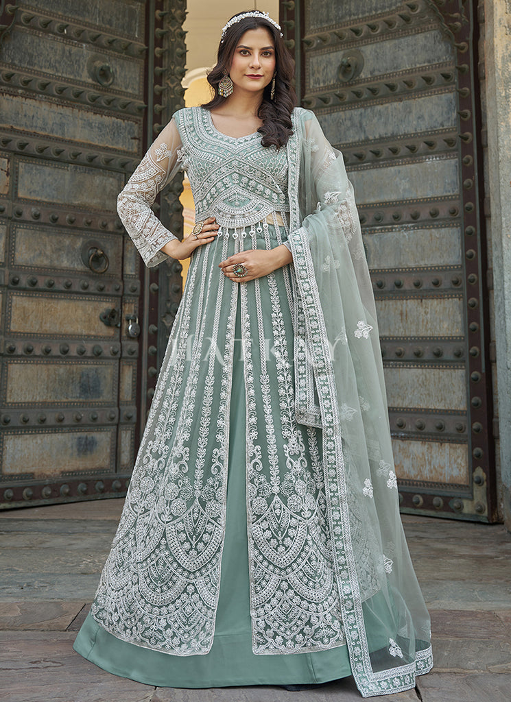 Buy Sea Green Embroidery Slit Style Anarkali Suit Online | Hatkay Buy Sea Green Embroidery Slit Style Anarkali Suit Online | Hatkay