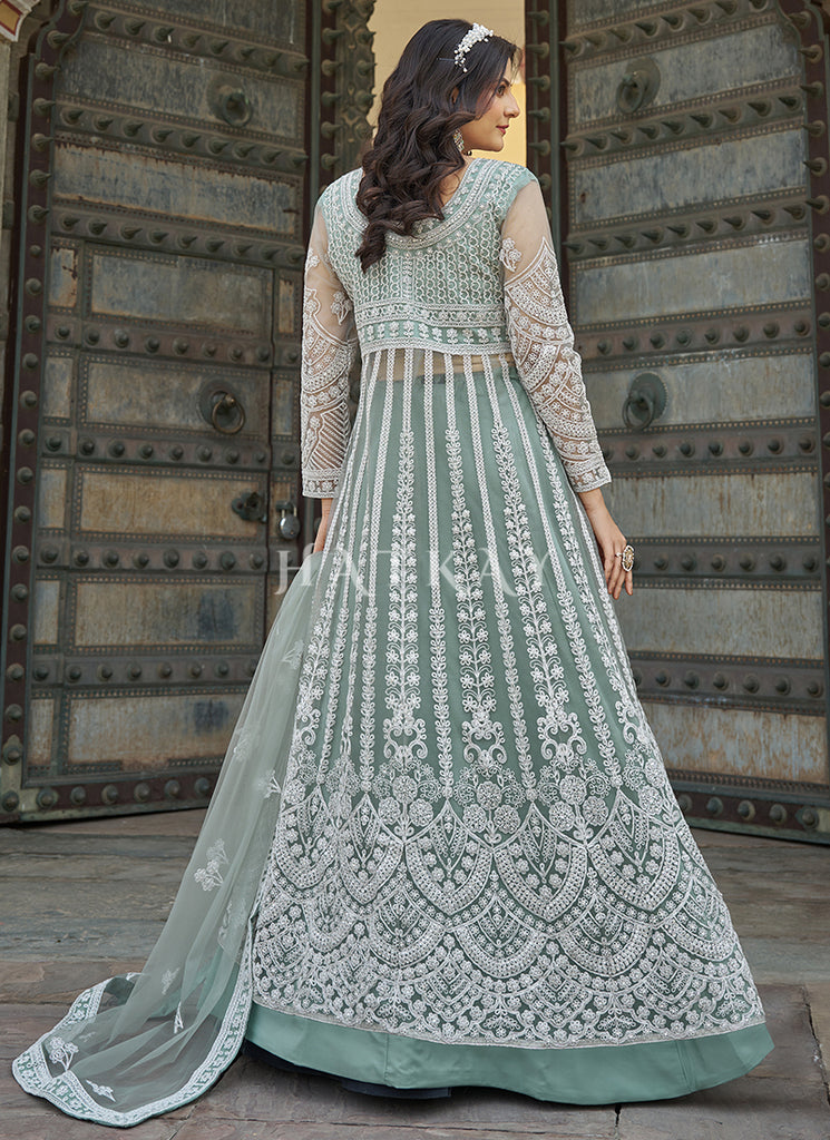 sea green anarkali dress Sea Green Embroidery Slit Style Anarkali Suit xs