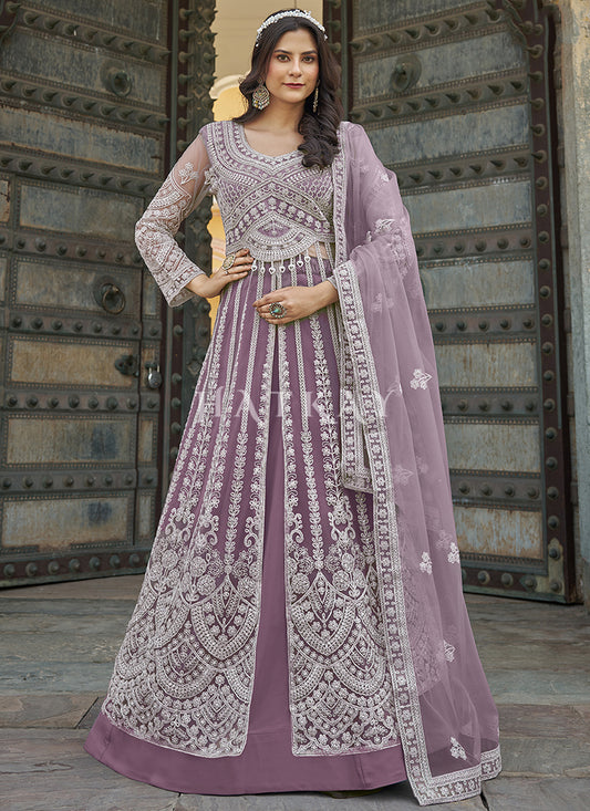 Mauve Purple Embroidery Slit Style Anarkali Suit