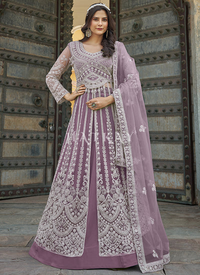 Mauve Purple Embroidery Slit Style Anarkali Suit