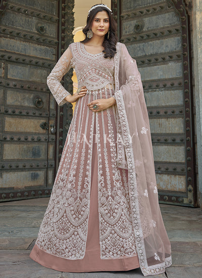 Pastel Peach Embroidery Slit Style Anarkali Suit