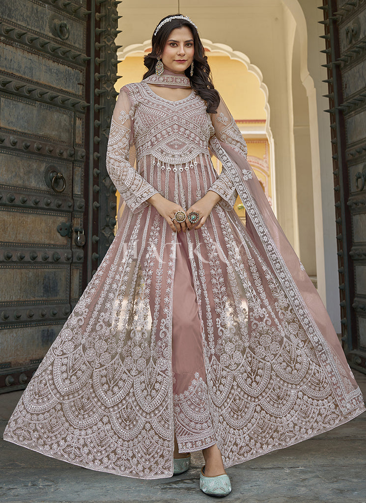 Pastel Peach Embroidery Slit Style Anarkali Suit plus-size Pastel Peach Embroidery Slit Style Anarkali Suit plus-size