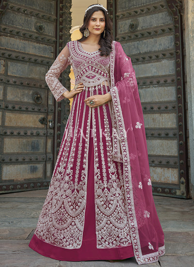 Rani Pink Embroidery Slit Style Anarkali Suit