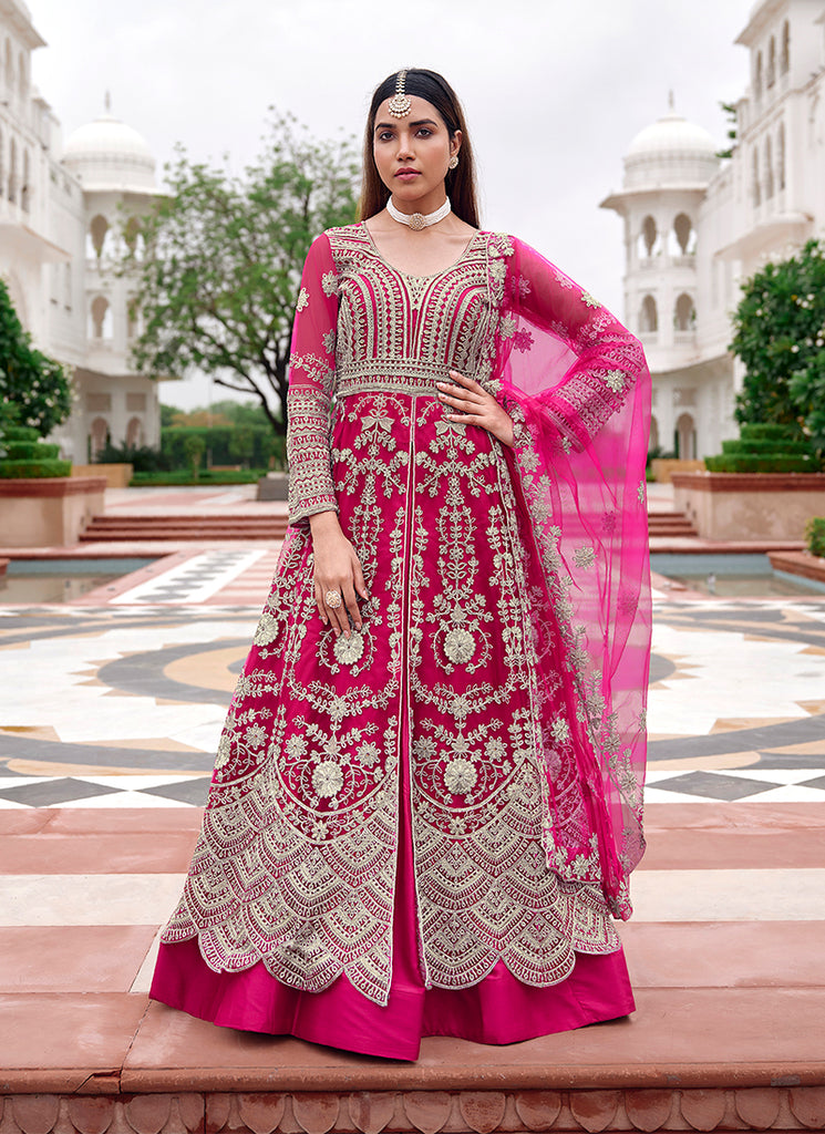 Magenta Pink Embroidery Slit Style Anarkali Lehenga