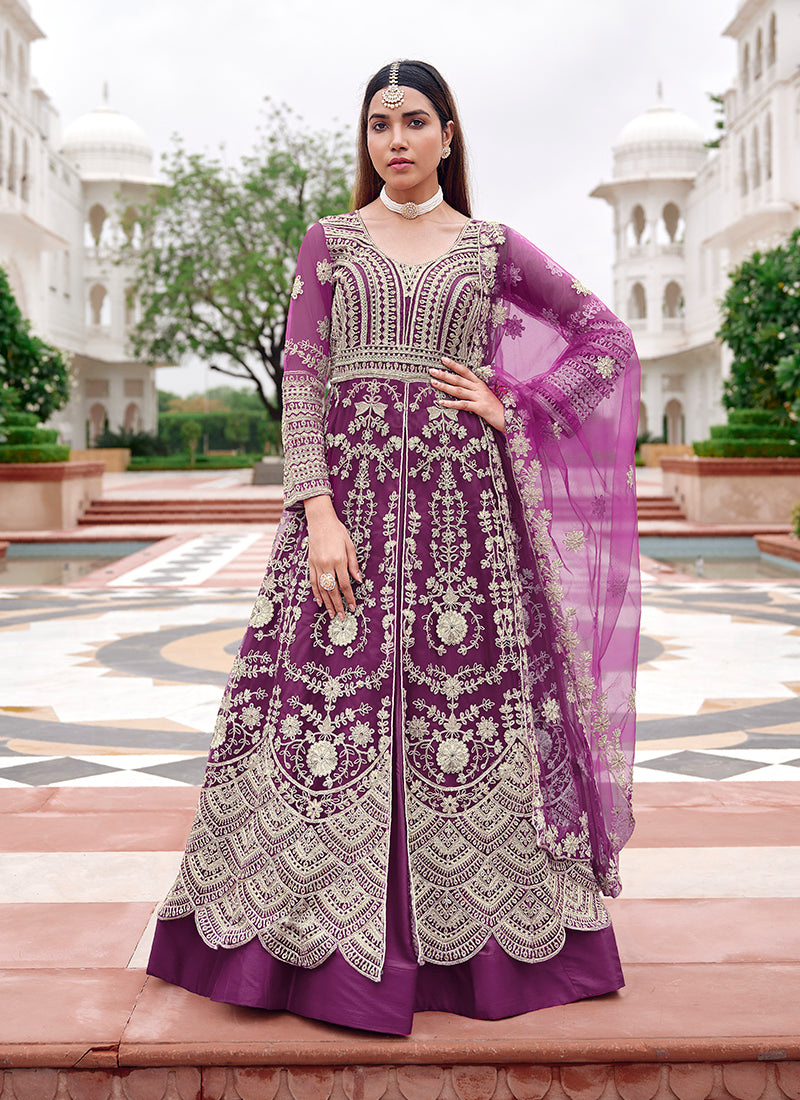 Purple Embroidered Slit Style Anarkali Lehenga
