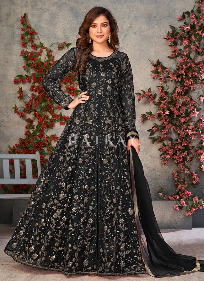 Black Embroidery Slit Style Anarkali Pant Suit