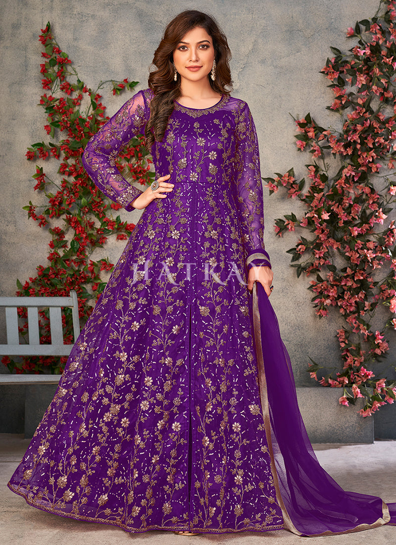 Purple Embroidery Slit Style Anarkali Pant Suit