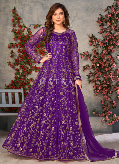 Purple Embroidery Slit Style Anarkali Pant Suit
