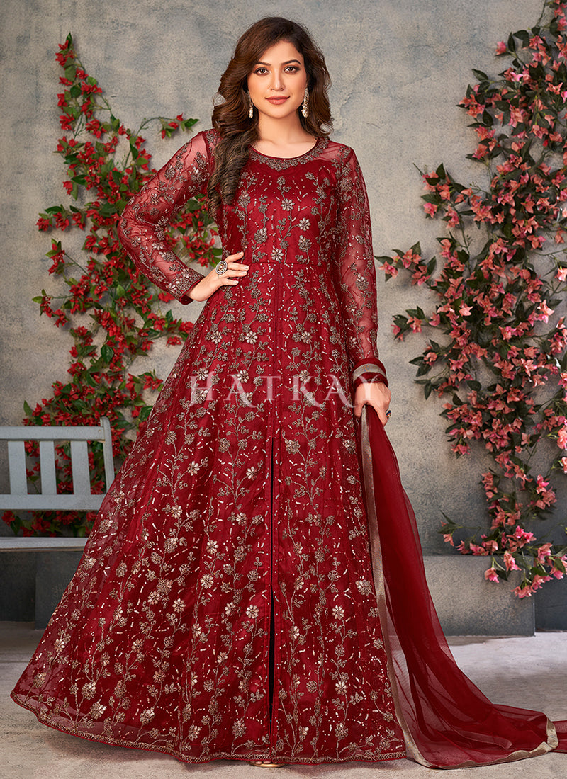 Red Embroidery Slit Style Anarkali Pant Suit