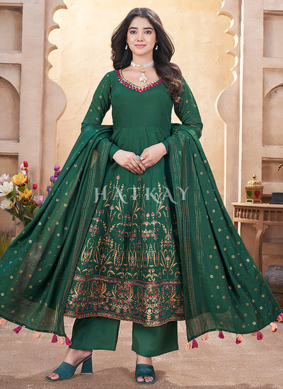 Green Mirror Work Anarkali Palazzo Suit