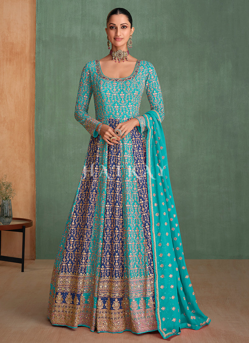Turquoise Blue Embroidery Anarkali Gown