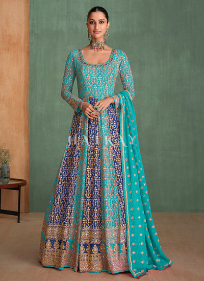 Turquoise Blue Embroidery Anarkali Gown