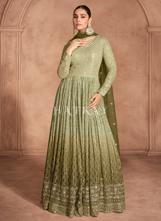 Olive Green Ombré Embroidery Anarkali Dress
