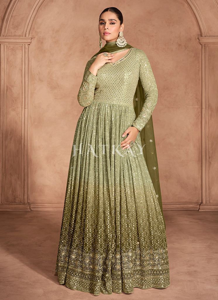 Olive Green Ombré Embroidery Anarkali Dress