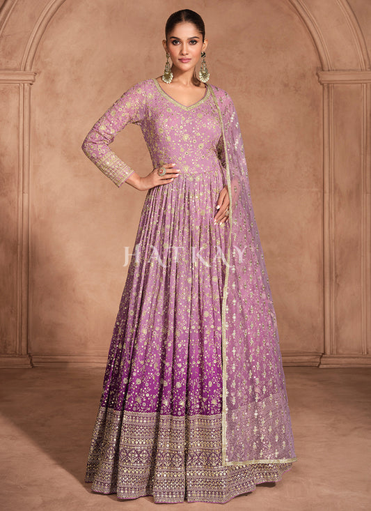 Orchid Purple Ombré Embroidery Anarkali Dress