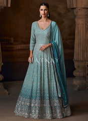 Blue Ombré Embroidered Anarkali Dress