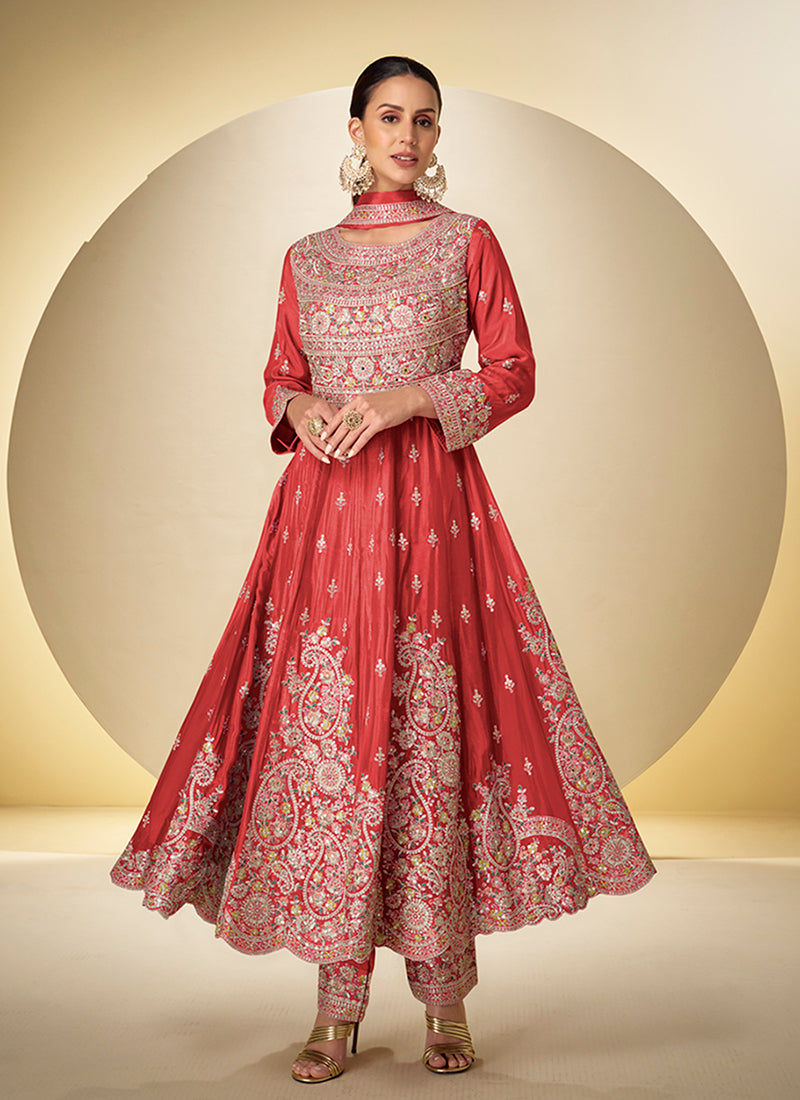 Rust Red Embroidered Short Anarkali Suit