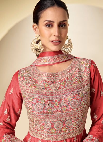 Rust Red Embroidered Short Anarkali Suit