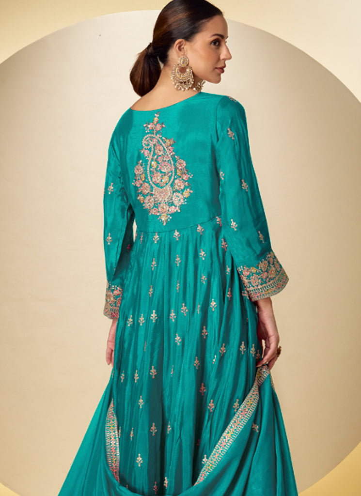 Buy Turquoise Embroidered Short Anarkali Suit Online | Hatkay Buy Turquoise Embroidered Short Anarkali Suit Online | Hatkay