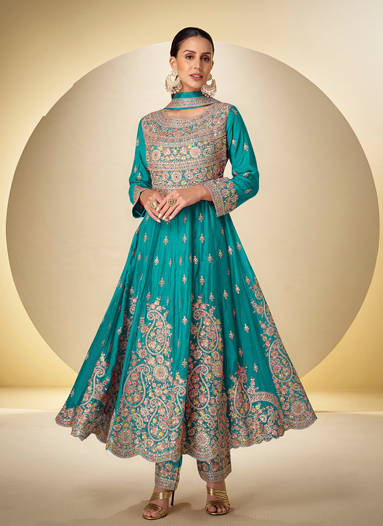 Turquoise Embroidered Short Anarkali Suit