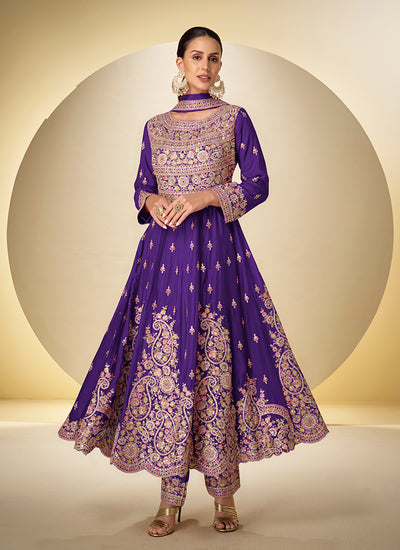 Violet Embroidered Short Anarkali Suit