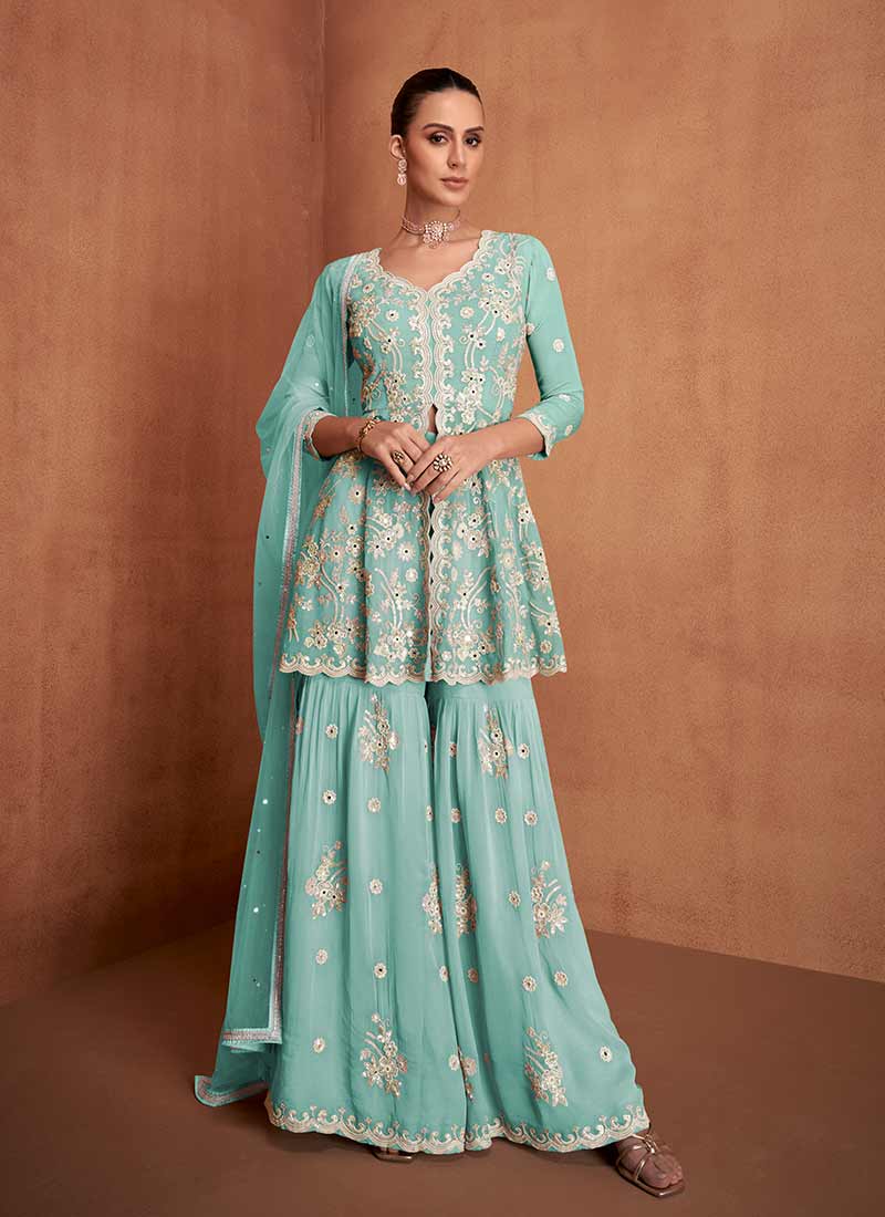 Aqua Blue Embroidered Slit Style Gharara Suit