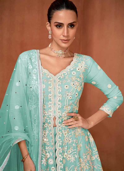 Aqua Blue Embroidered Slit Style Gharara Suit