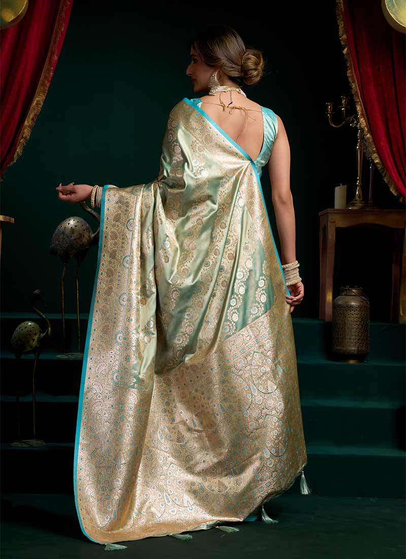Aqua Blue Traditional Brocade Silk Saree