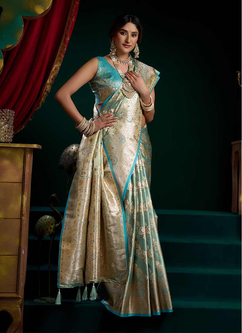 Aqua Blue Traditional Brocade Silk Saree