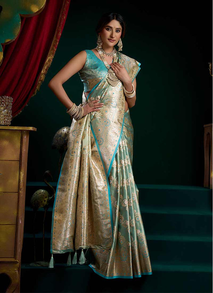 Aqua Blue Traditional Brocade Silk Saree