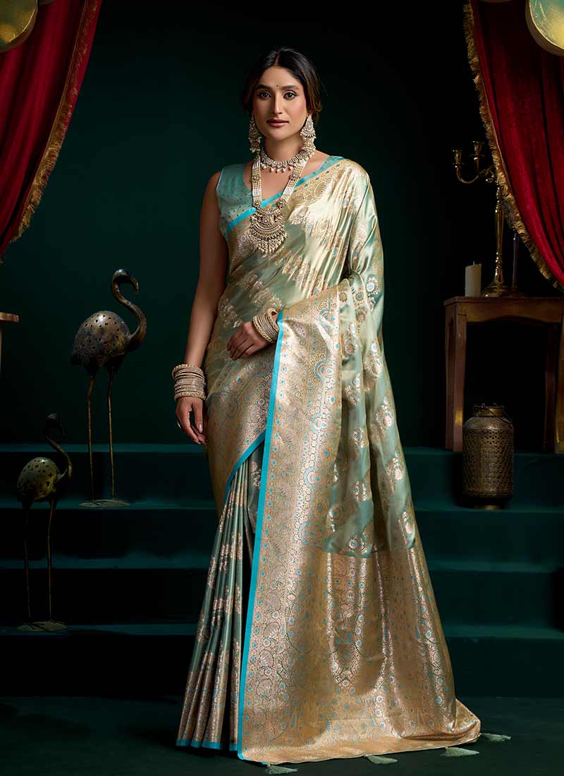 Aqua Blue Traditional Brocade Silk Saree