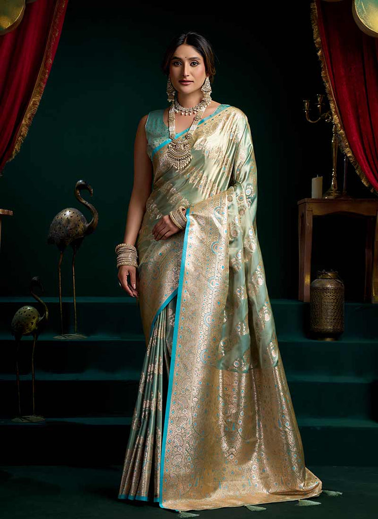 Aqua Blue Traditional Brocade Silk Saree