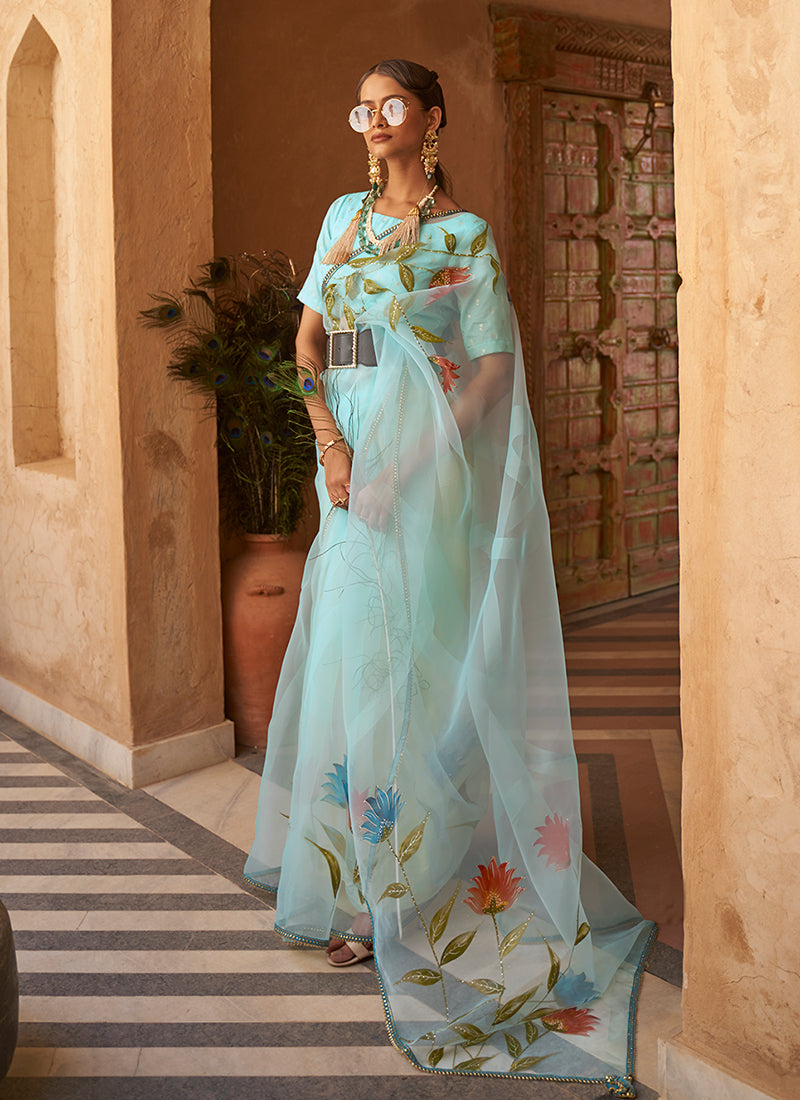 Aqua Blue Printed Festive Saree