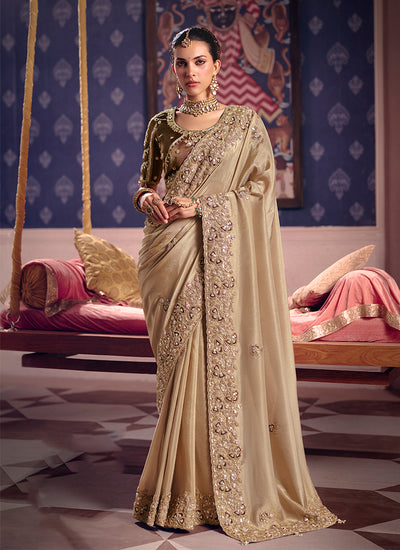 Beige Brown Embroidered Tissue Silk Saree