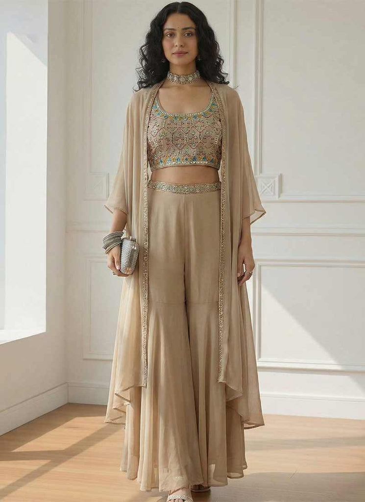 Beige Embroidered Cape Style Indo Western Set