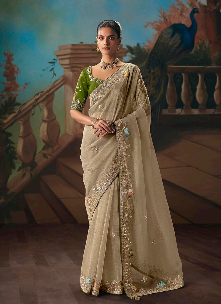 Beige and Green Embroidered Party Wear Silk Saree