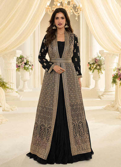 Black Traditional Embroidery Jacket Style Anarkali Gown