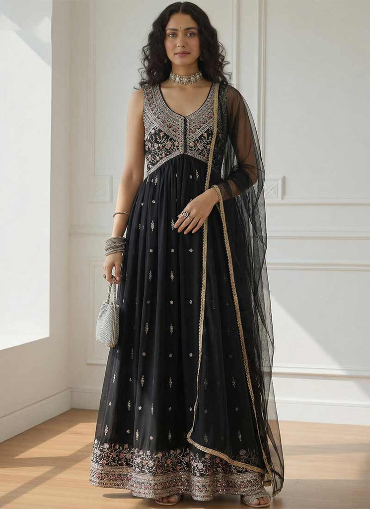 Black Multi Embroidered Anarkali Pant Suit