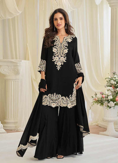 Black Handwork Embroidery Gharara Style Suit