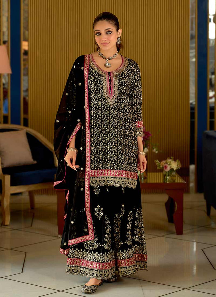 Black Multi Embroidered Gharara Style Suit
